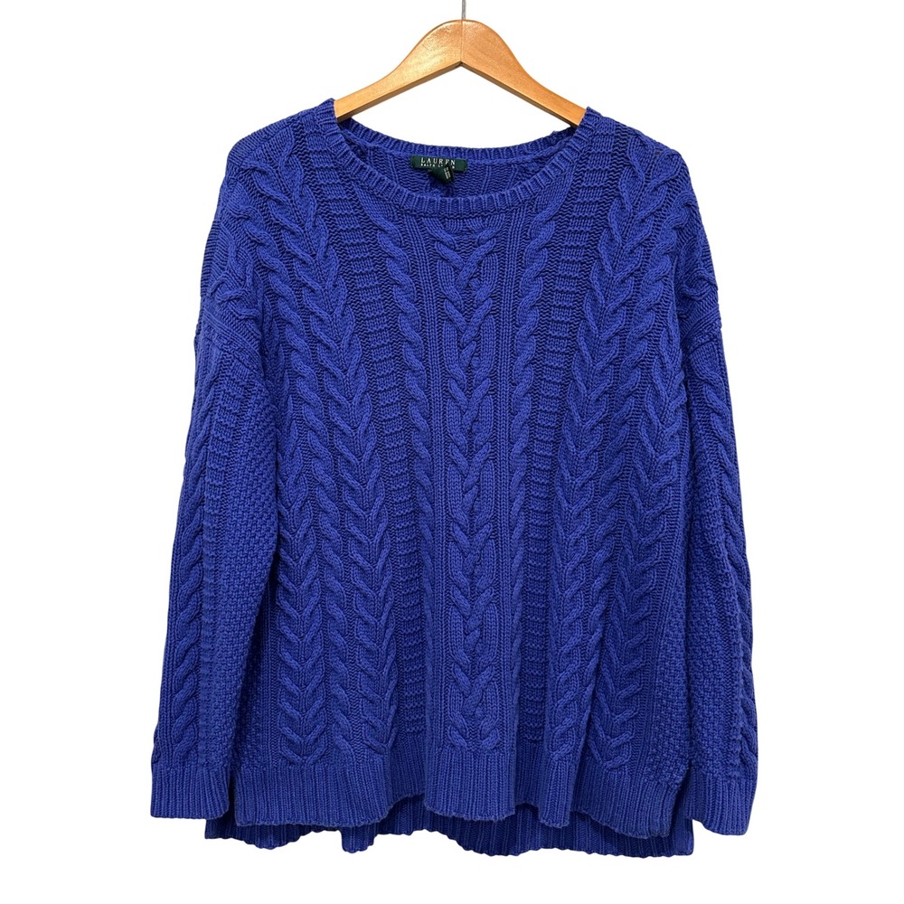 Lauren Ralph Lauren Cobalt Blue Cable Knit Sweater 2X Cotton Blend Crew Neck